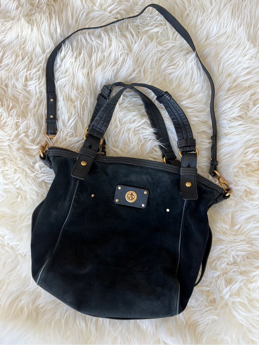 Black Suede Shoulder Bag with Gold Hardware - Women Bags